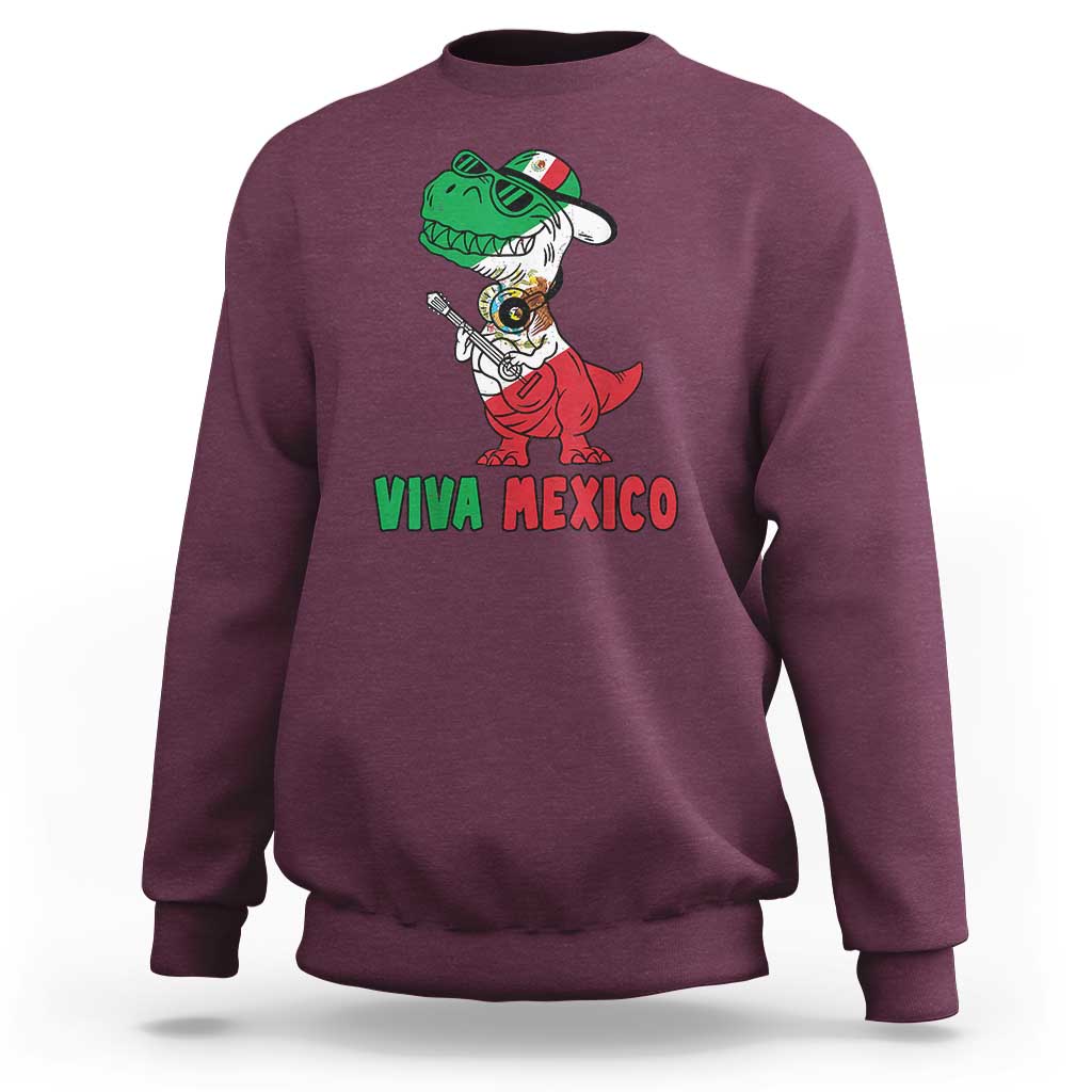 Maroon crewneck sweatshirt with green dinosaur graphic, 'VIVA MEXICO' text