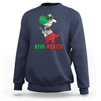 Navy crewneck sweatshirt with green dinosaur graphic, 'VIVA MEXICO' text
