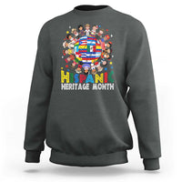 Dark heather gray crewneck sweatshirt with colorful 'Hispani Heritage Month' graphic on chest