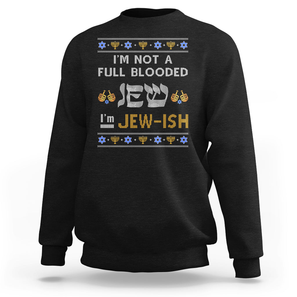 Black sweatshirt with “I’m Jew-ish” quote and colorful holiday emblem print