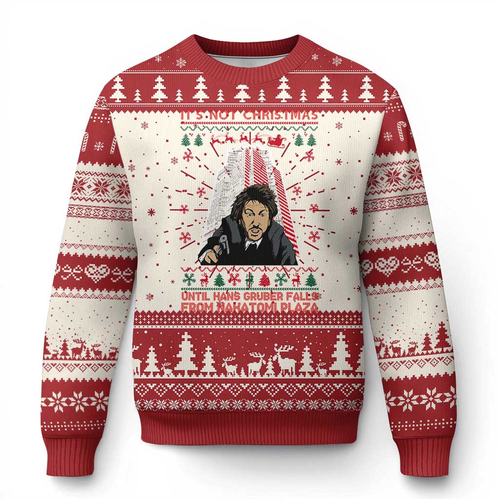 Red and cream ugly Christmas sweater with face graphic, crewneck