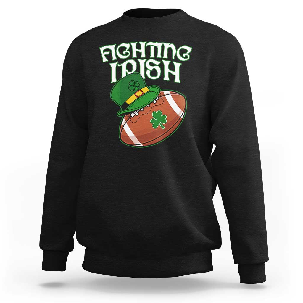 Black crewneck sweatshirt with Fighting Irish text and shamrock football graphic