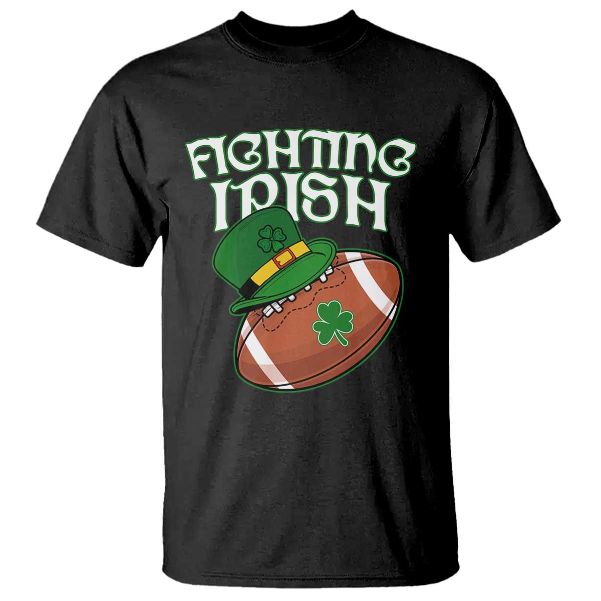 Black Fighting Irish graphic T-shirt with shamrock football and hat