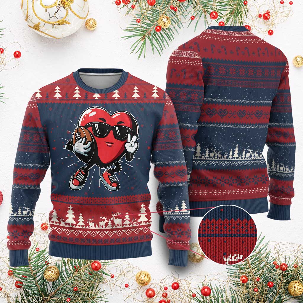 Valentines Day Heart Playing Football Knitted Sweatshirt Cute Gift for Sports Lovers