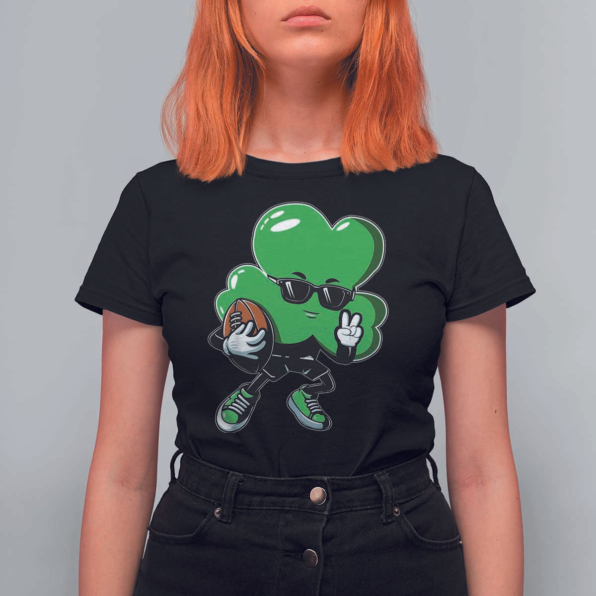 St Patricks Day Shamrock Playing Football T Shirt For Women Cute Gift for Sports Lovers