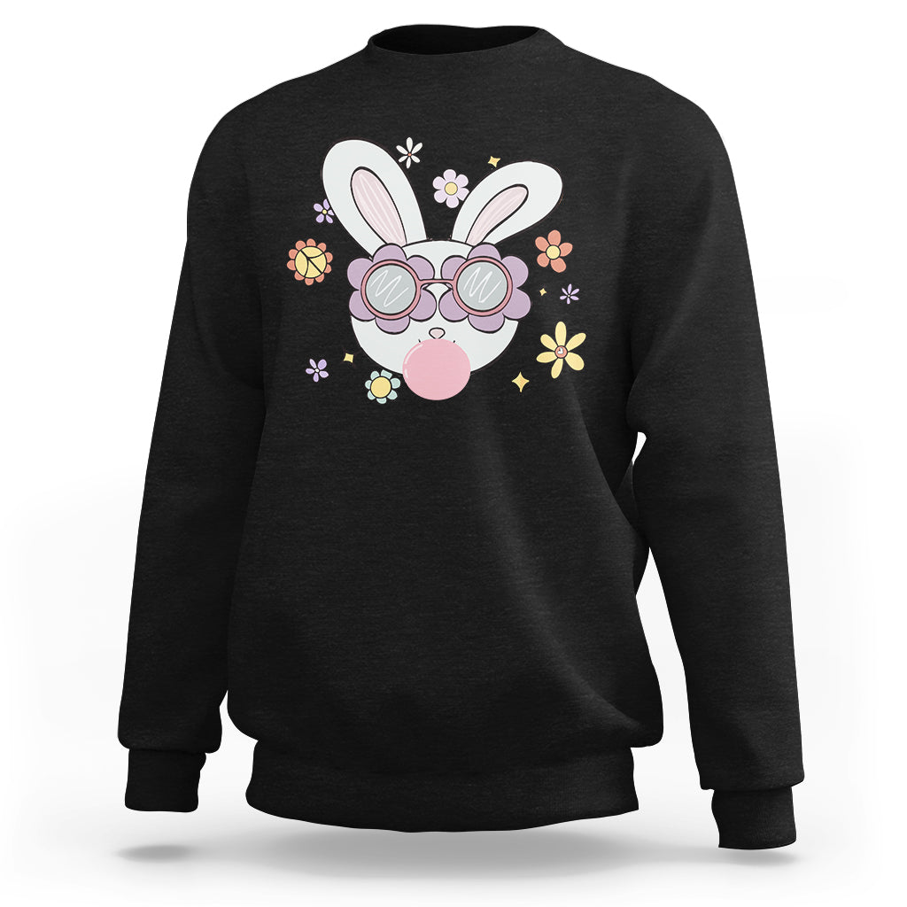 Black crewneck sweatshirt with cute bunny head glasses graphic