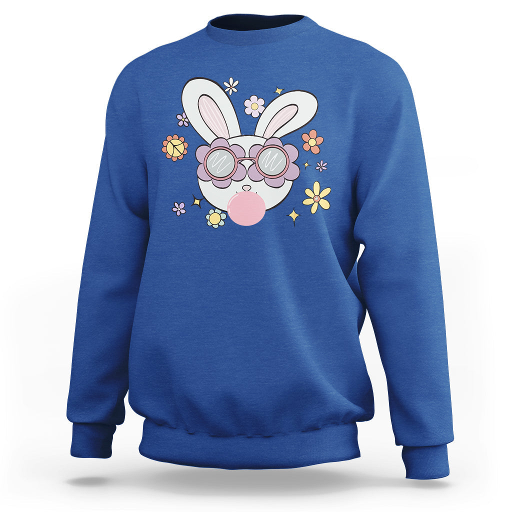 Royal blue crewneck sweatshirt with cute bunny head glasses graphic