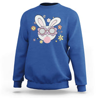 Royal blue crewneck sweatshirt with cute bunny head glasses graphic