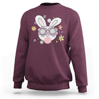 Maroon crewneck sweatshirt with cute bunny head glasses graphic