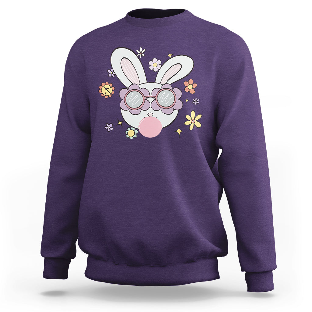 Purple crewneck sweatshirt with cute bunny head glasses graphic