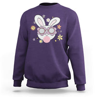 Purple crewneck sweatshirt with cute bunny head glasses graphic