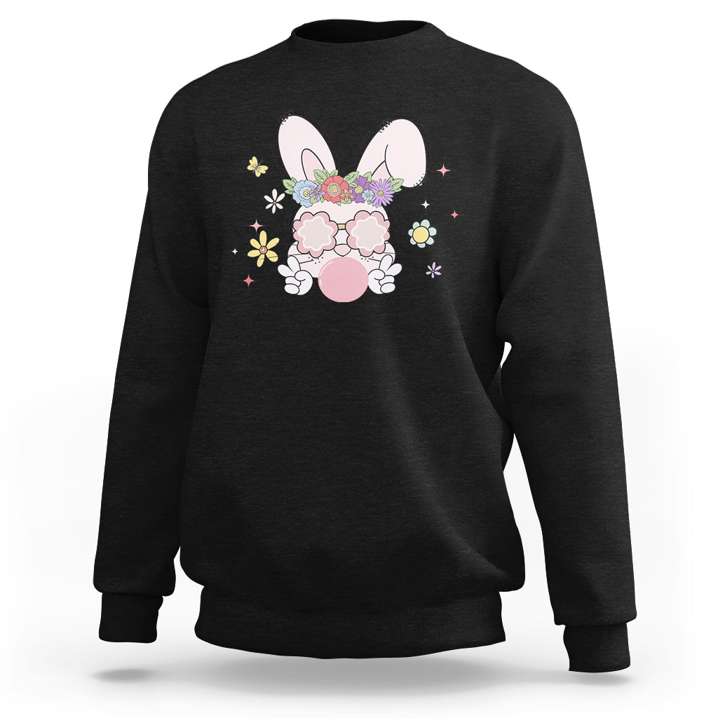 Black Easter bunny graphic sweatshirt with flower and glasses, crew neck, long sleeves.