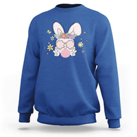 Royal blue Easter bunny graphic sweatshirt with flower and glasses, crew neck, long sleeves.