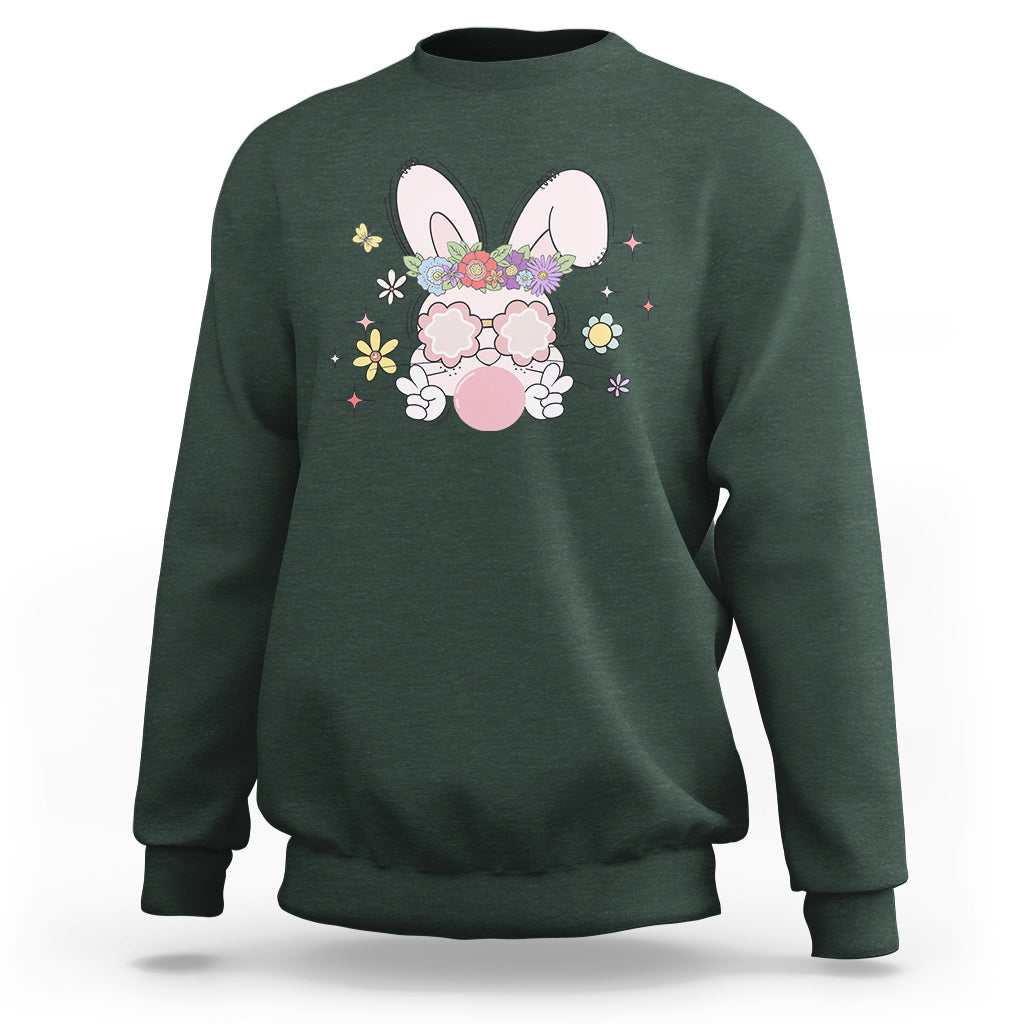 Forest green Easter bunny graphic sweatshirt with flower and glasses, crew neck, long sleeves.