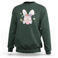 Forest green Easter bunny graphic sweatshirt with flower and glasses, crew neck, long sleeves.