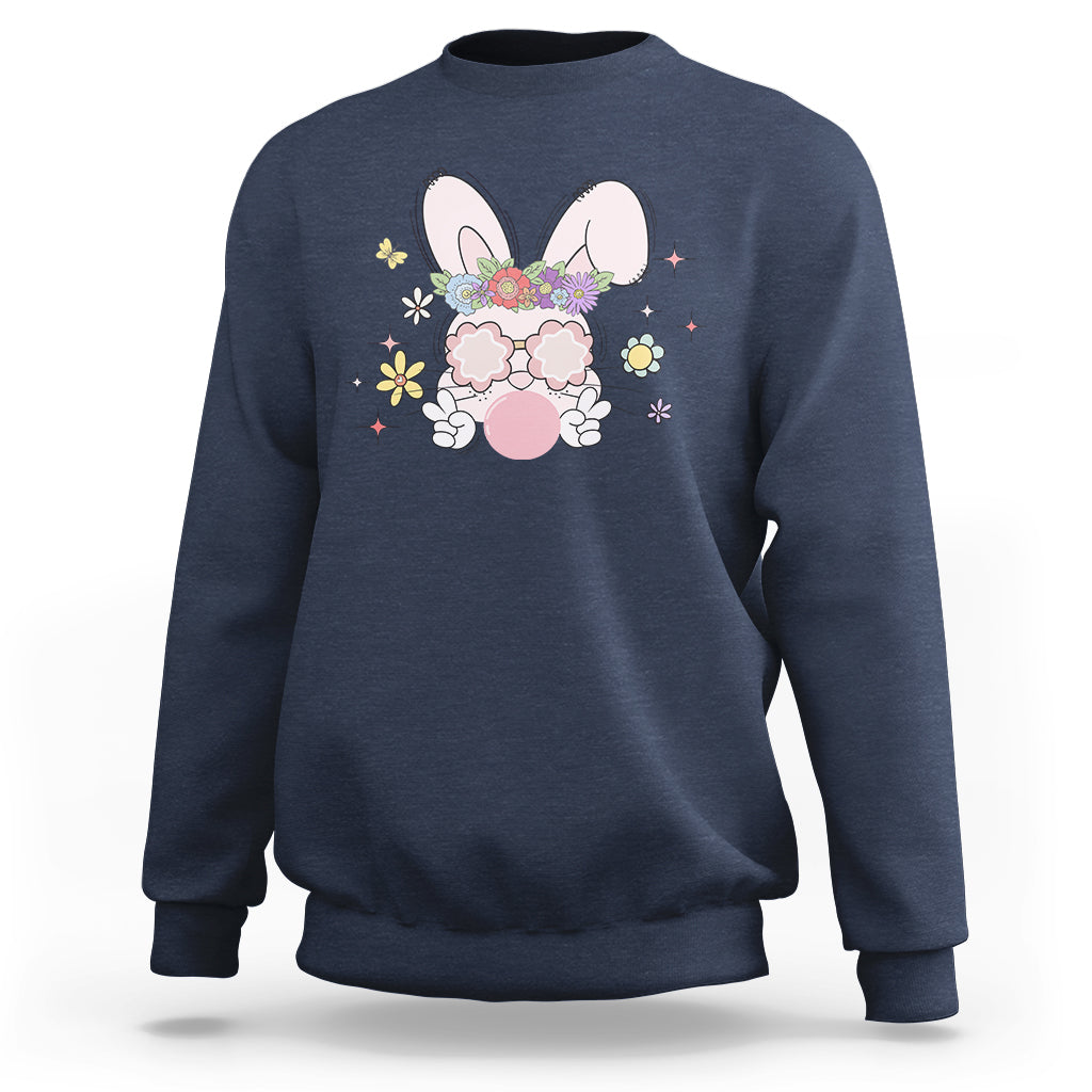 Navy Easter bunny graphic sweatshirt with flower and glasses, crew neck, long sleeves.