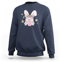 Navy Easter bunny graphic sweatshirt with flower and glasses, crew neck, long sleeves.