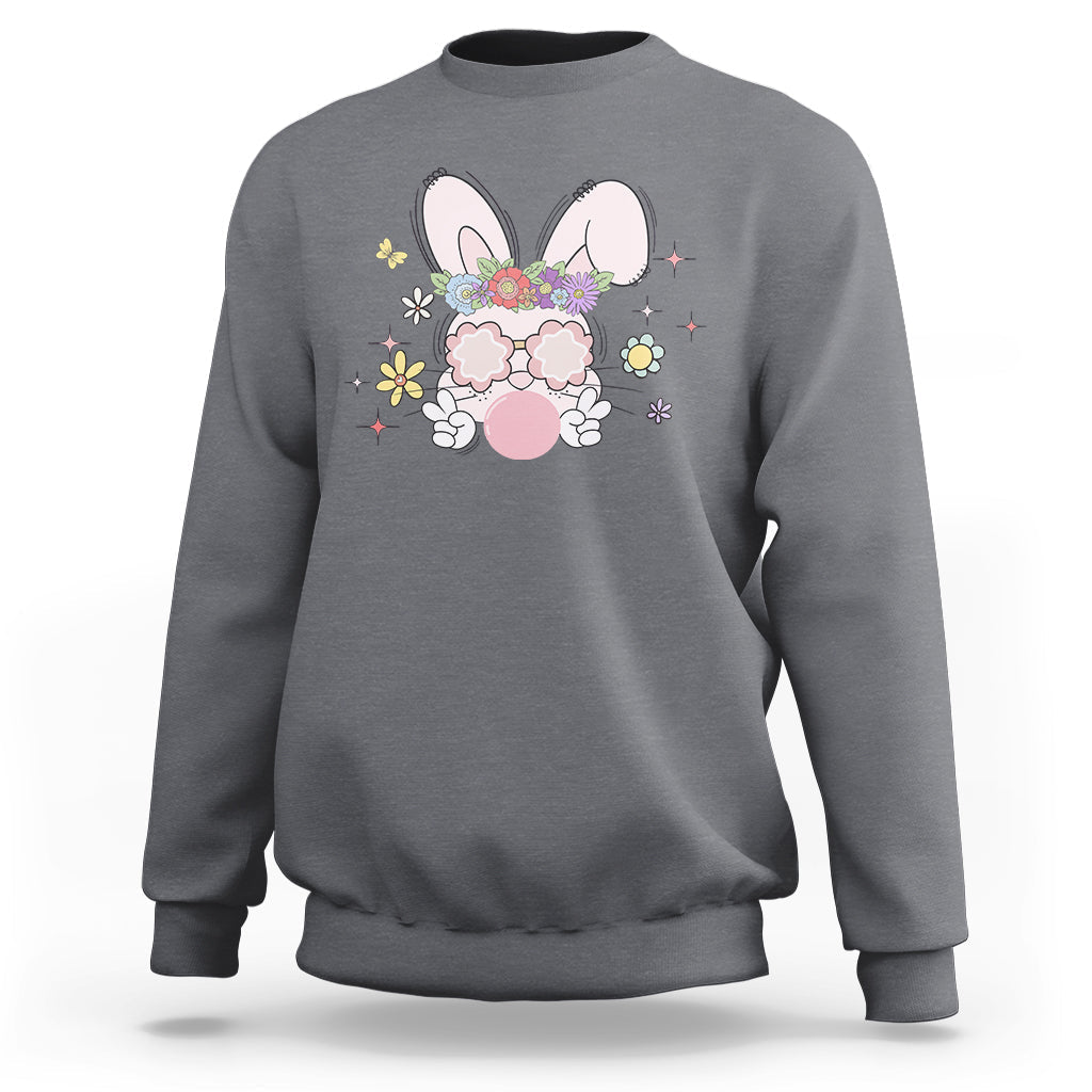 Charcoal-gray Easter bunny graphic sweatshirt with flower and glasses, crew neck, long sleeves.