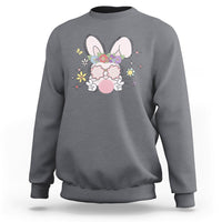 Charcoal-gray Easter bunny graphic sweatshirt with flower and glasses, crew neck, long sleeves.