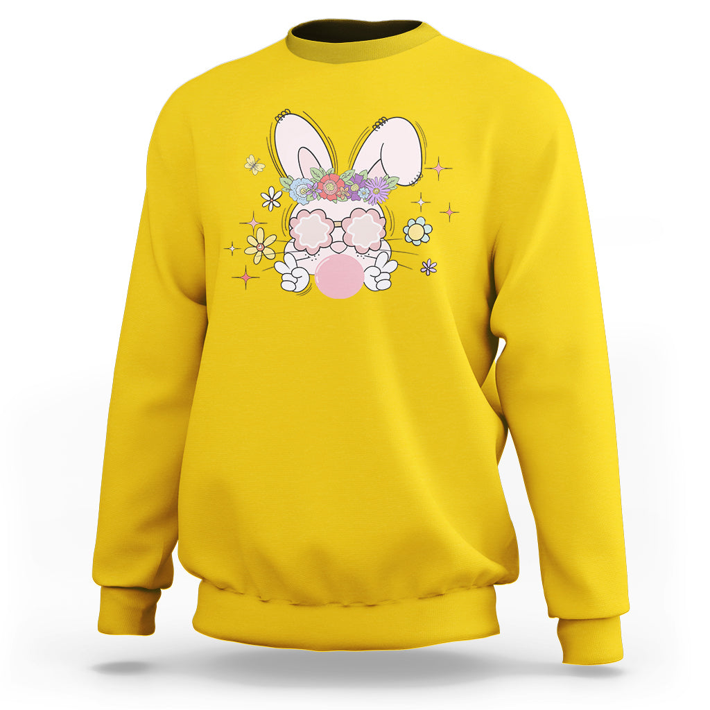 Daisy yellow Easter bunny graphic sweatshirt with flower and glasses, crew neck, long sleeves.