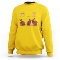 Bright yellow crewneck sweatshirt with Easter bunny graphic and 'My Butt Hurts' text.