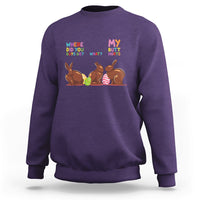 Purple crewneck sweatshirt with Easter bunny graphic and 'My Butt Hurts' text.