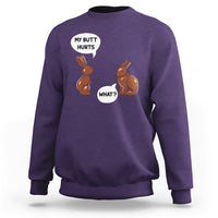Purple crewneck sweatshirt with bunny graphic: 'MY BUTT HURTS' and 'WHAT?'