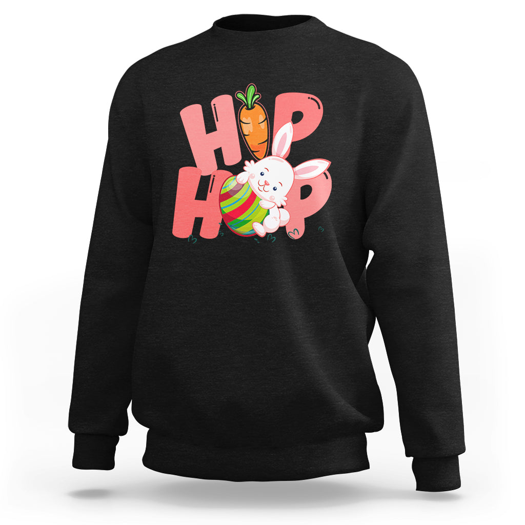 Black crewneck sweatshirt with bunny graphic and colorful 'HOP' print on chest