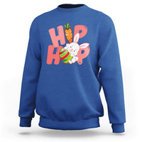 Royal blue crewneck sweatshirt with bunny graphic and colorful 'HOP' print on chest