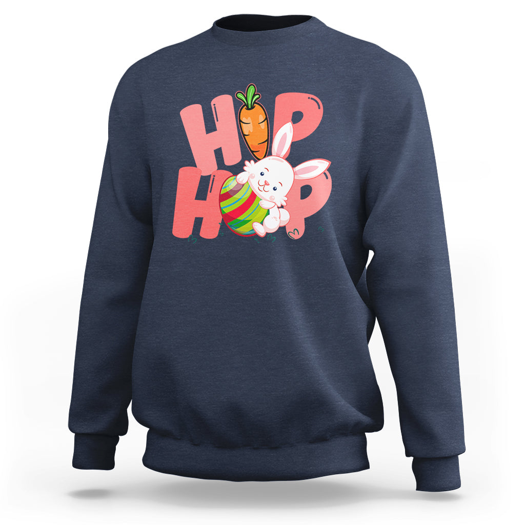 Navy crewneck sweatshirt with bunny graphic and colorful 'HOP' print on chest
