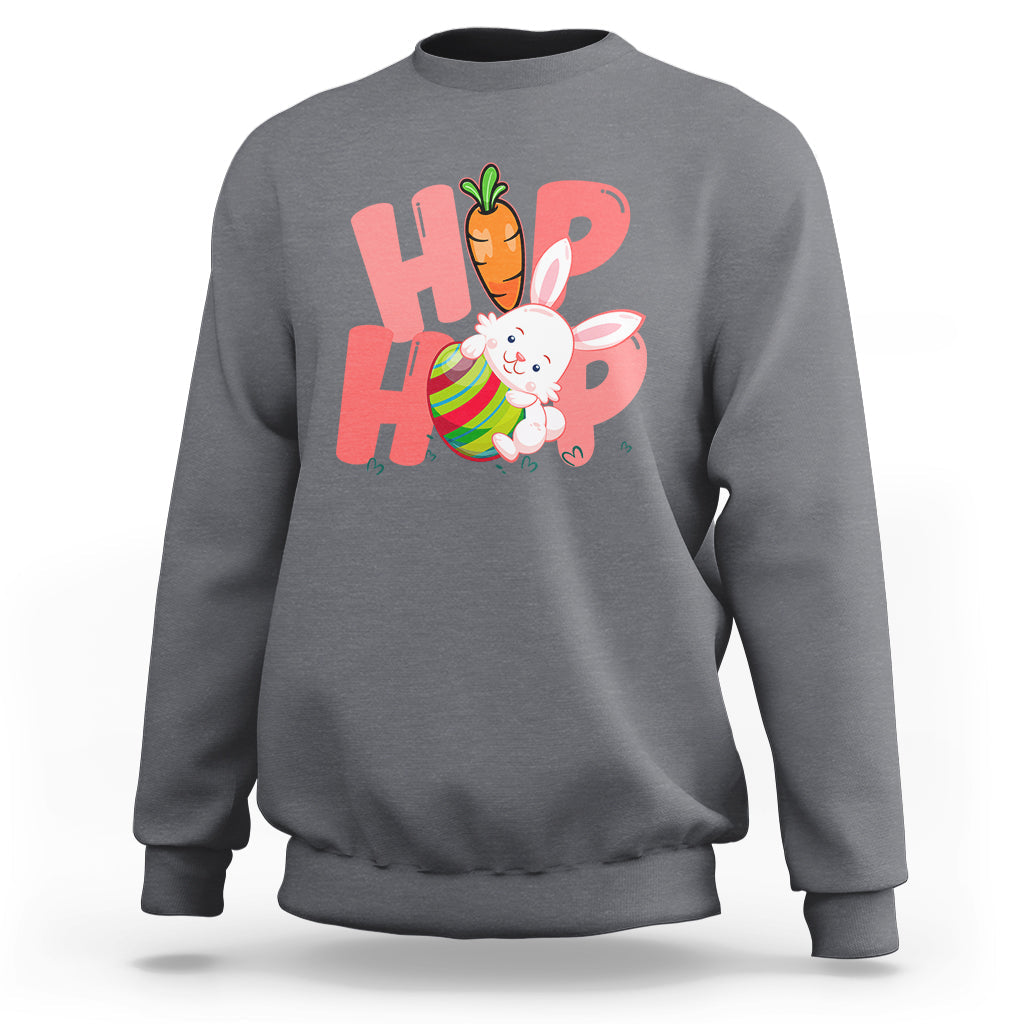 Charcoal gray crewneck sweatshirt with bunny graphic and colorful 'HOP' print on chest