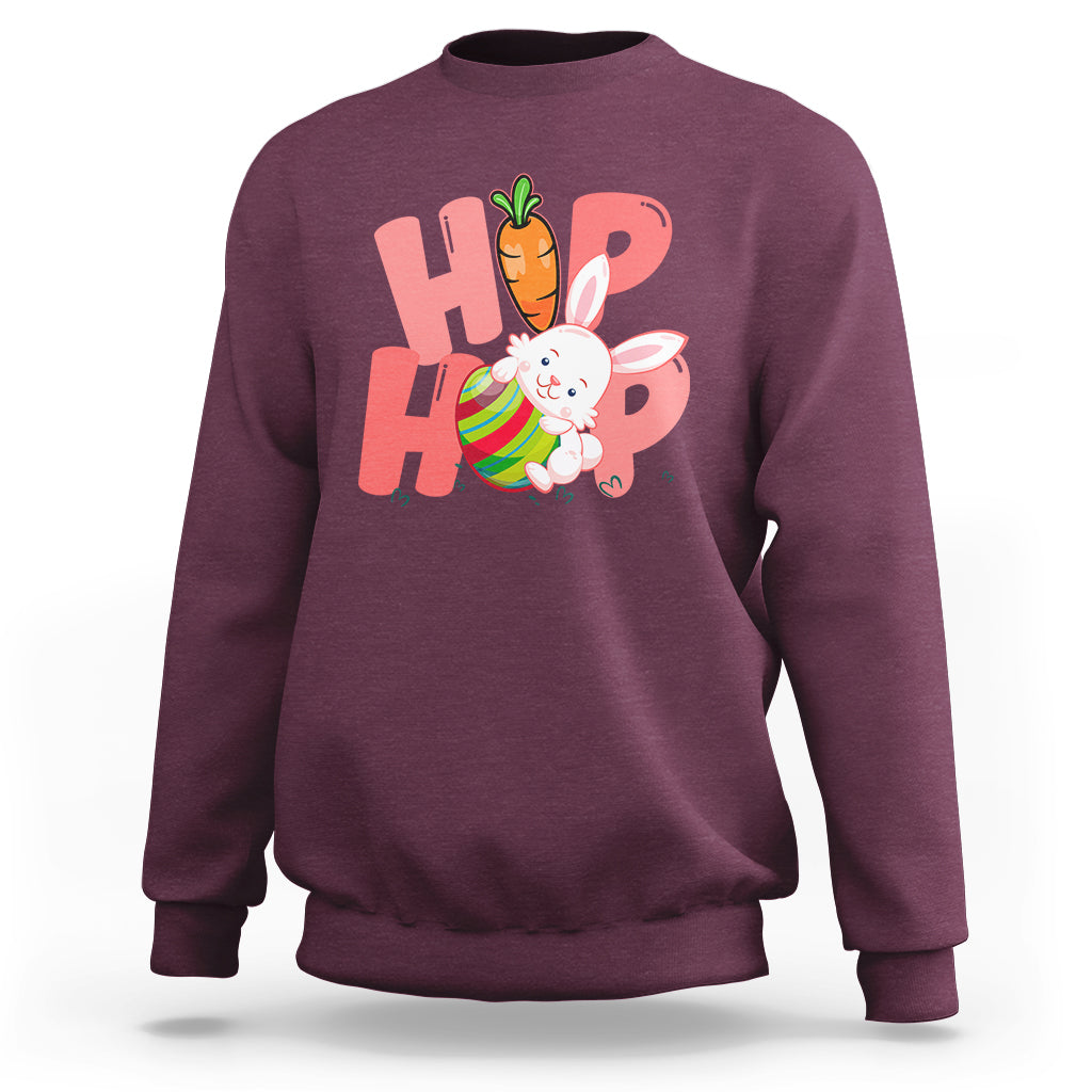 Maroon crewneck sweatshirt with bunny graphic and colorful 'HOP' print on chest