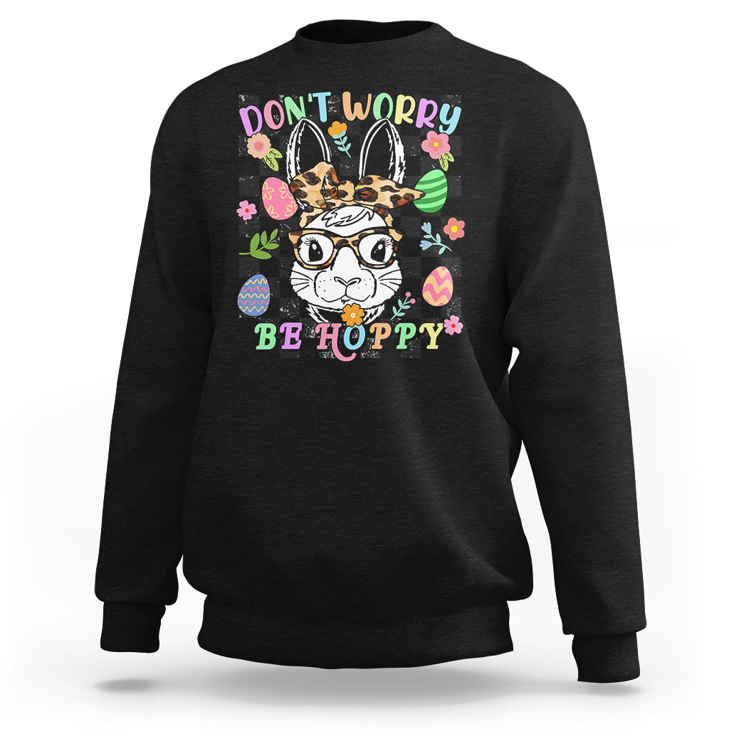 Black crewneck sweatshirt with bunny-rabbit "Don't Worry Be Hoppy" graphic