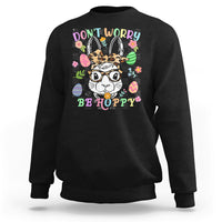 Black crewneck sweatshirt with bunny-rabbit "Don't Worry Be Hoppy" graphic