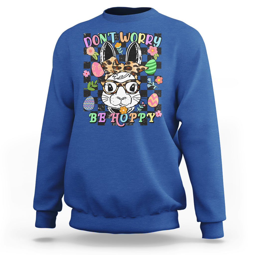 Royal blue crewneck sweatshirt with bunny-rabbit "Don't Worry Be Hoppy" graphic