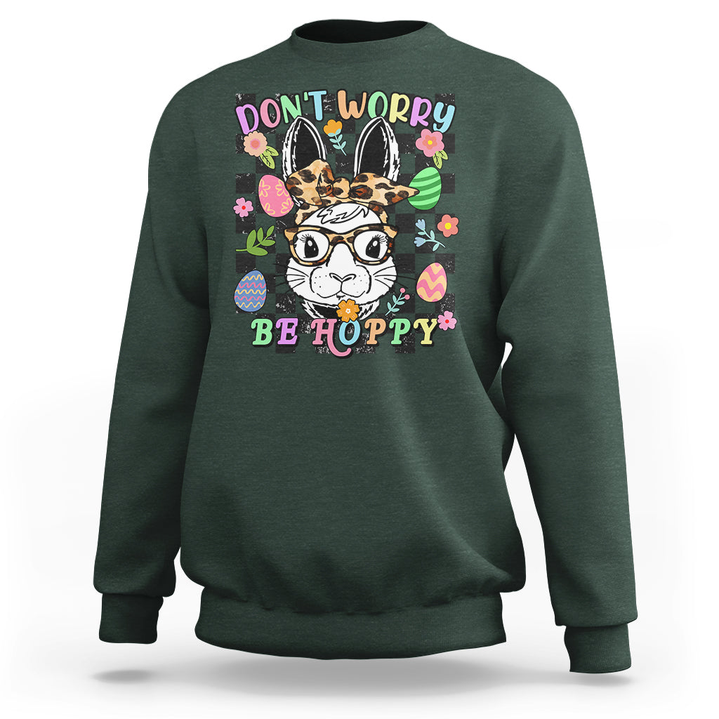 Forest green crewneck sweatshirt with bunny-rabbit "Don't Worry Be Hoppy" graphic