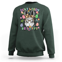 Forest green crewneck sweatshirt with bunny-rabbit "Don't Worry Be Hoppy" graphic