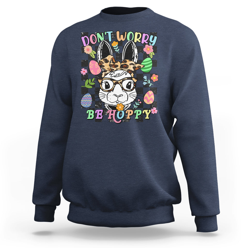 Navy crewneck sweatshirt with bunny-rabbit "Don't Worry Be Hoppy" graphic