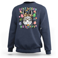 Navy crewneck sweatshirt with bunny-rabbit "Don't Worry Be Hoppy" graphic
