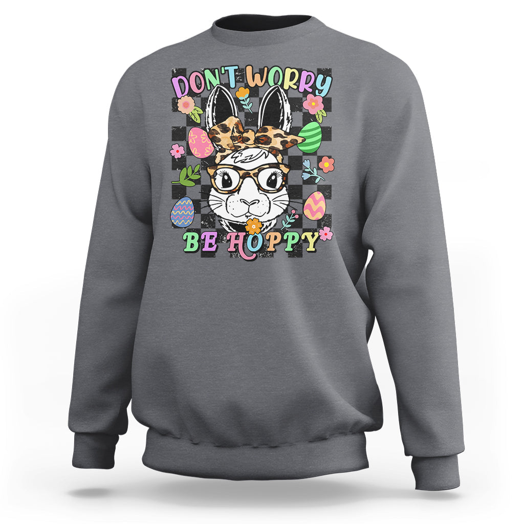 Charcoal crewneck sweatshirt with bunny-rabbit "Don't Worry Be Hoppy" graphic