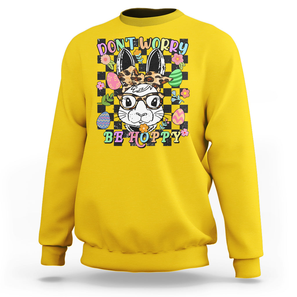 Daisy yellow crewneck sweatshirt with bunny-rabbit "Don't Worry Be Hoppy" graphic