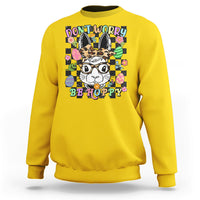 Daisy yellow crewneck sweatshirt with bunny-rabbit "Don't Worry Be Hoppy" graphic