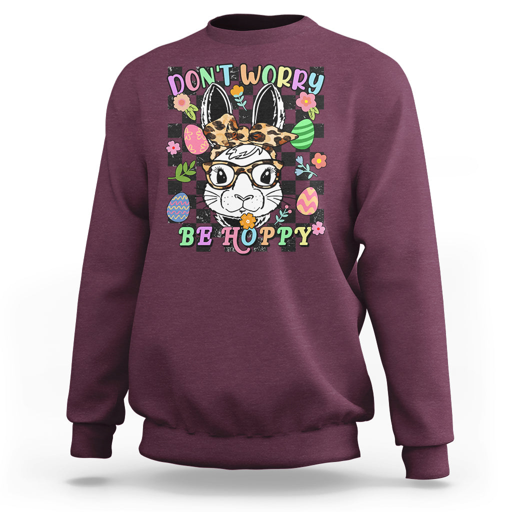 Maroon crewneck sweatshirt with bunny-rabbit "Don't Worry Be Hoppy" graphic