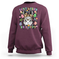 Maroon crewneck sweatshirt with bunny-rabbit "Don't Worry Be Hoppy" graphic