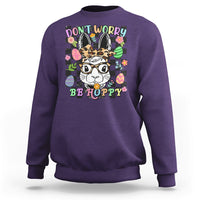 Purple crewneck sweatshirt with bunny-rabbit "Don't Worry Be Hoppy" graphic