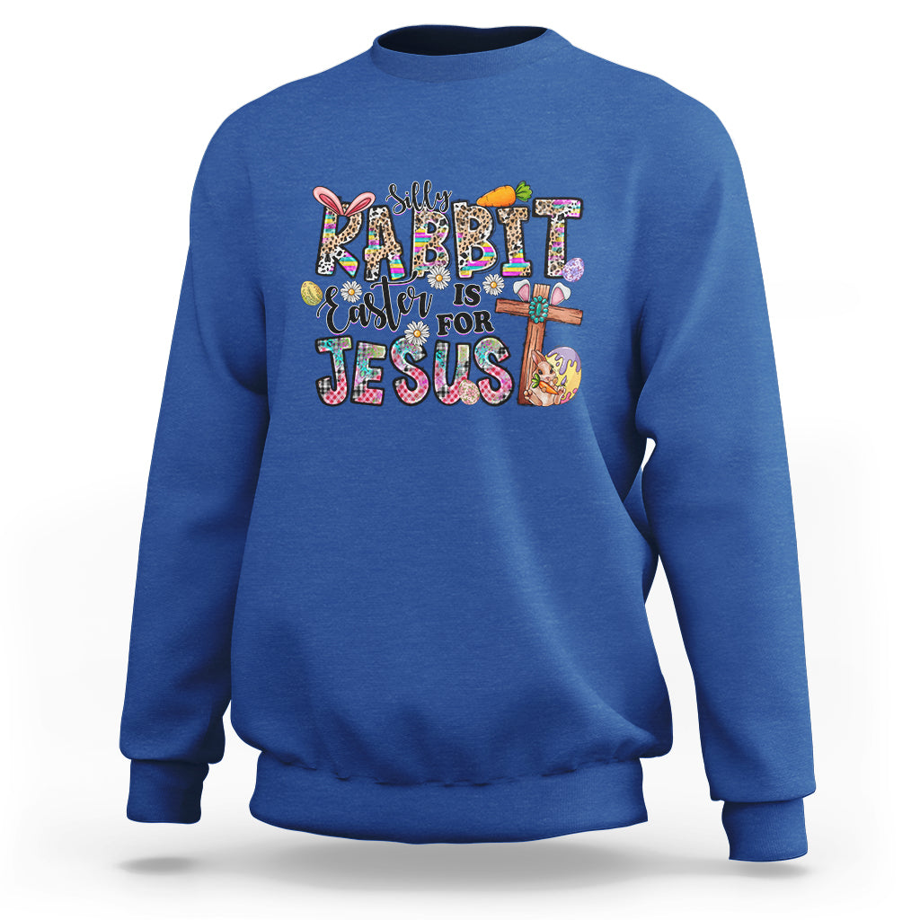 Royal blue crewneck Easter bunny sweatshirt with 'Rabbit Easter is for Jesus' print