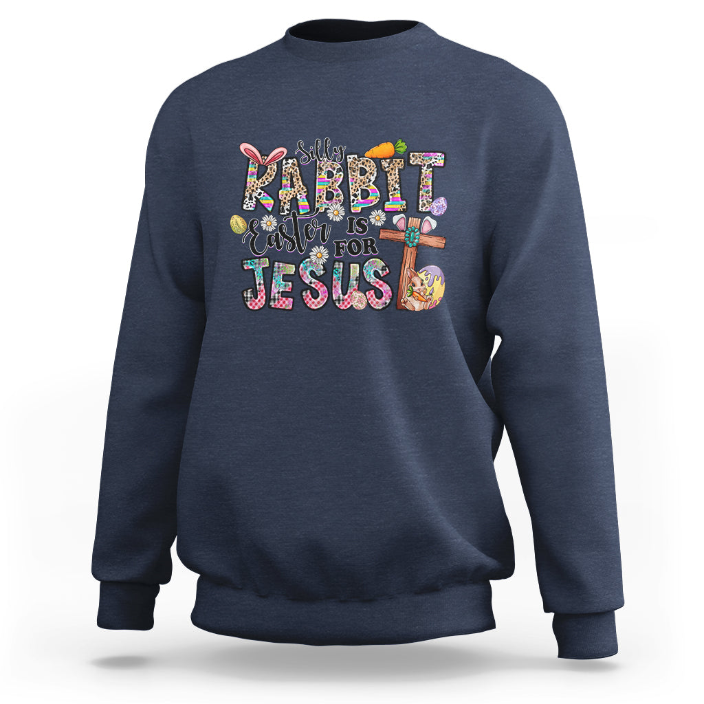 Navy crewneck Easter bunny sweatshirt with 'Rabbit Easter is for Jesus' print