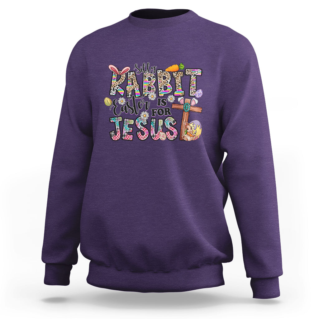 Purple crewneck Easter bunny sweatshirt with 'Rabbit Easter is for Jesus' print