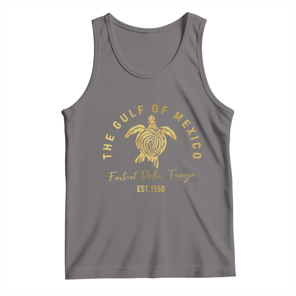 Gray sleeveless tank top with turtle graphic and scoop neckline