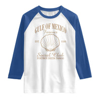 Raglan T-shirt with white body and blue sleeves, crew neck, front shell graphic and text.